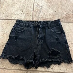 Black Jean Shorts with Distressed Hem